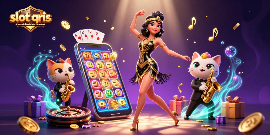 Engaging illustration showing slot qris merusak kehidupan masyarakat with colorful slot game elements, vibrant characters, and dynamic casino atmosphere.