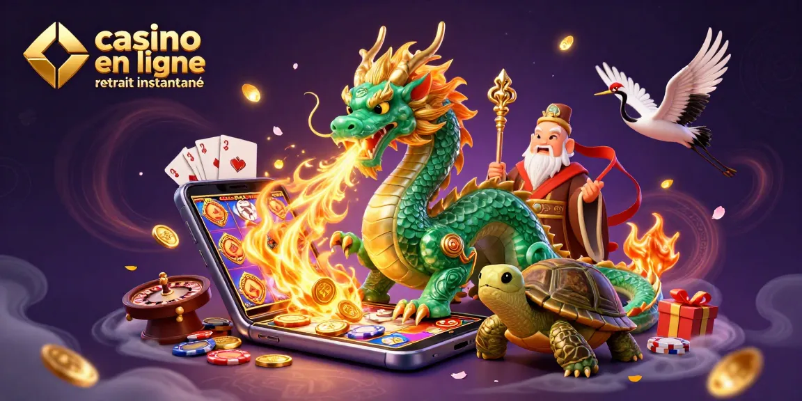 Excitez vos gains avec casino en ligne retrait instantané et une illustration dynamique mettant en scène un dragon et des symboles de jeu.