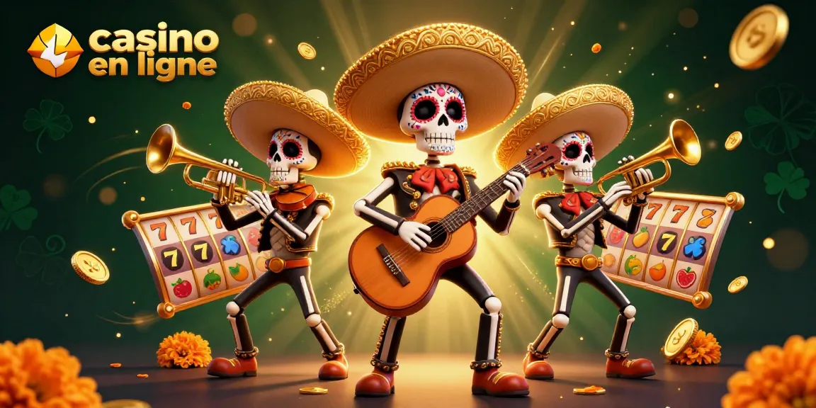Jouez au casino en ligne avec une illustration festive de mariachi et des machines à sous colorées.