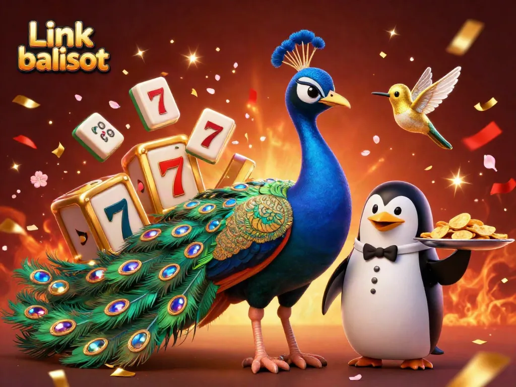 Experience unparalleled excitement at Link balislot with a vibrant 3D illustration showcasing a peacock, penguin, and hummingbird amidst festive golden gaming elements.
