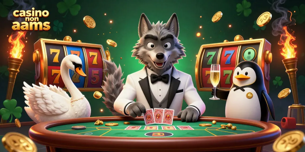 Scena coinvolgente di un casino non AAMS con personaggi che si divertono a giocare a baccarat e slot machine.