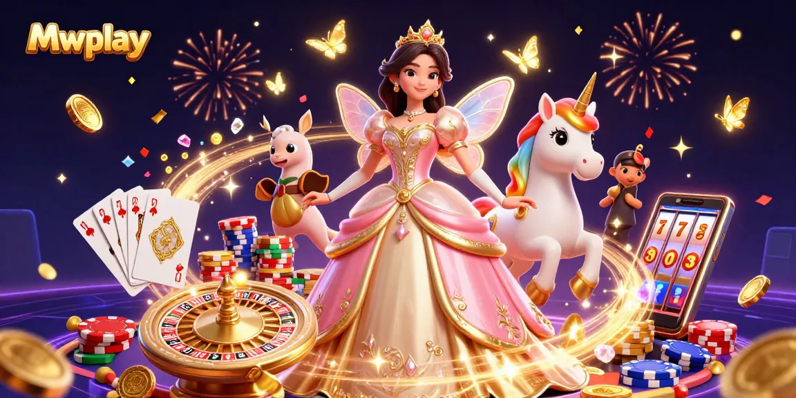 Experience the excitement of Mwplay with a glamorous scene of games, coins, and vibrant characters.