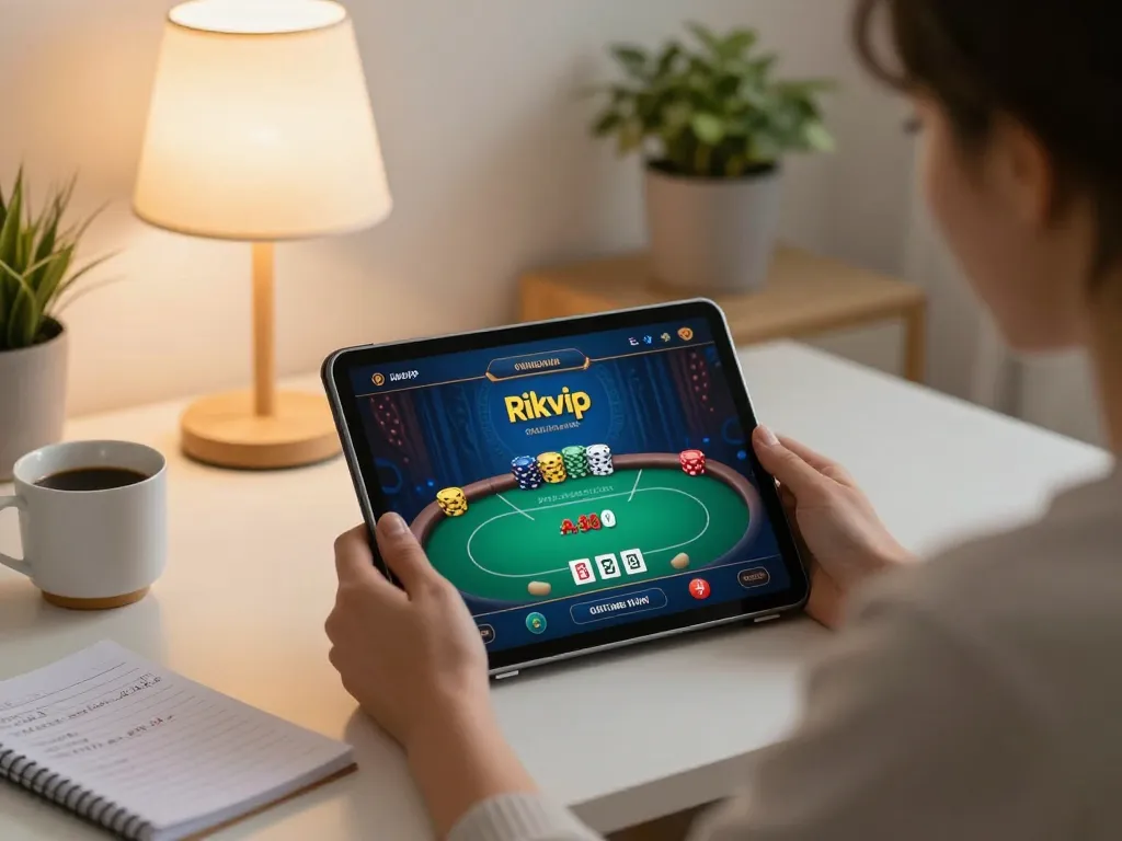 Engaging players experience on Rikvip online casino through a tablet, showcasing a cozy home gaming scene.