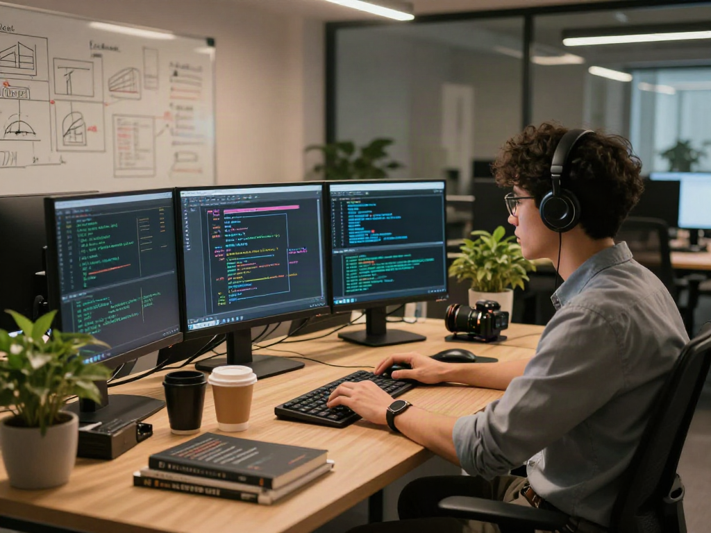 Developer coding in a vibrant tech office showcasing bro138 software solutions, featuring multiple screens and creative workspace elements.
