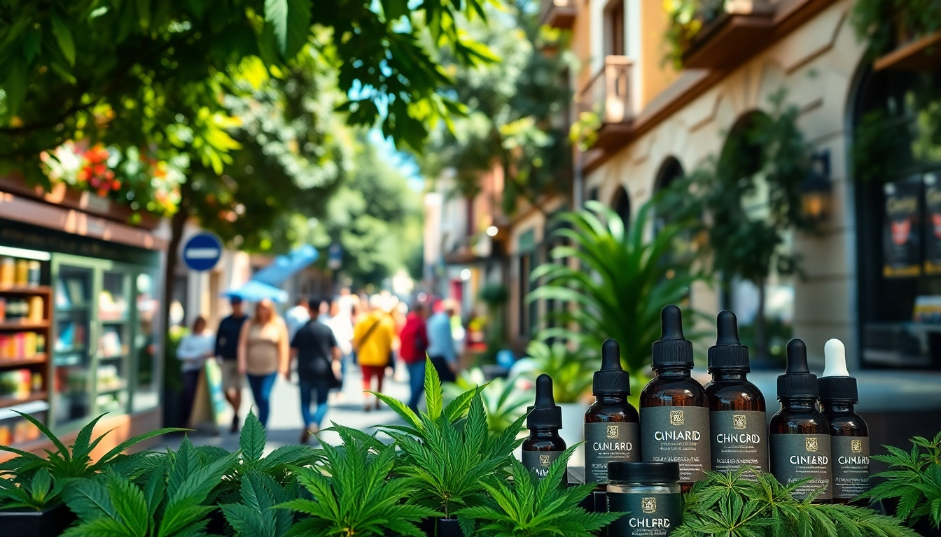 Visit a lively CBD shop in Madrid with vibrant products and a bustling street scene.