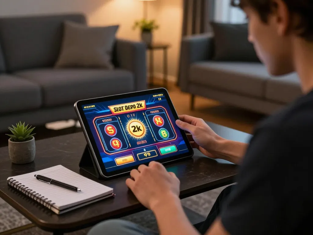 Engaging moment of placing a bet on slot depo 2k in a cozy home gaming atmosphere.