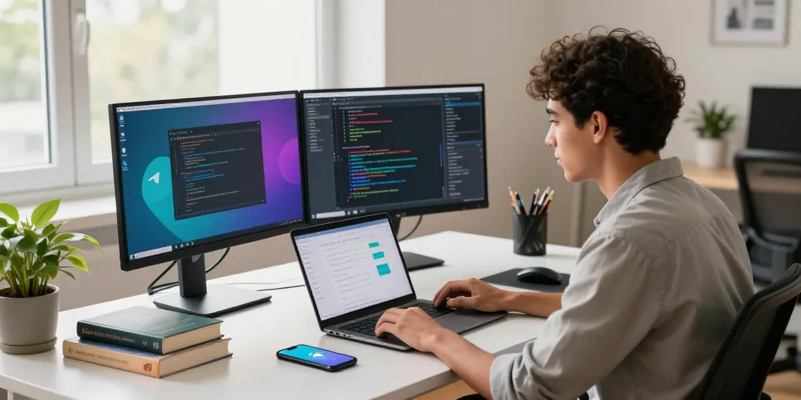 Young developer working on 纸飞机中文版 in a modern tech workspace with dual monitors.