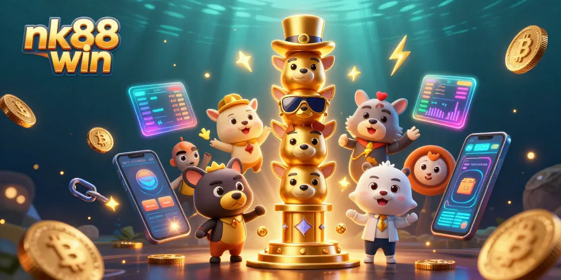 Engage with nk88 win in an energetic 3D casino scene adorned with vibrant crypto elements.