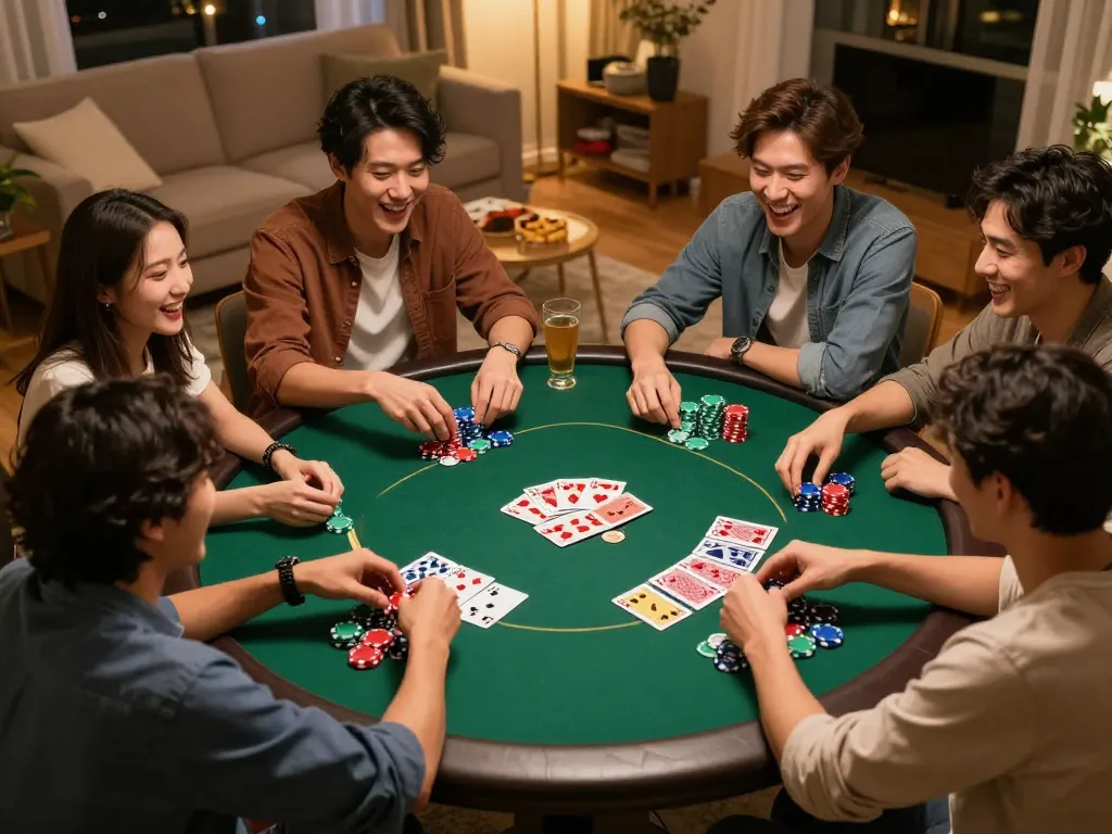 Pajaktoto players enjoying poker night with vibrant chips and cards in a cozy living room setting.