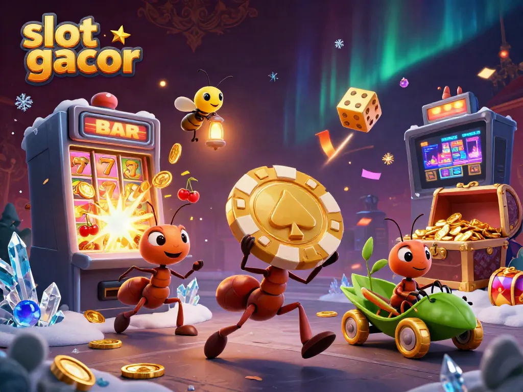 Slot gacor menampilkan tim semut mencuri kamar poker emas dalam ilustrasi ceria dengan elemen kasino.