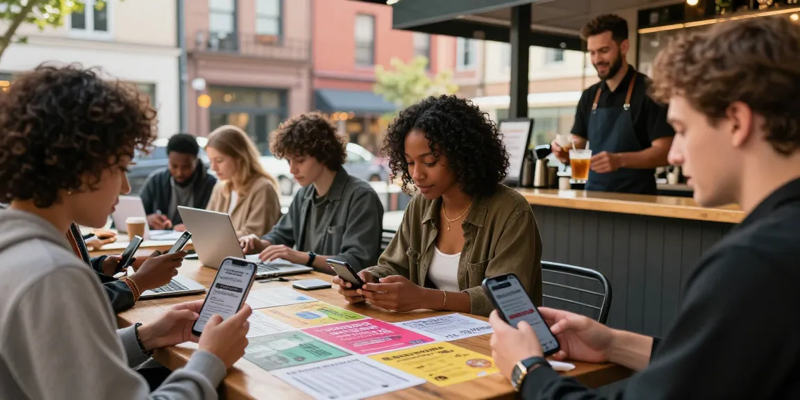 Busy urban scene of diverse individuals using BedPersonal for classified ads