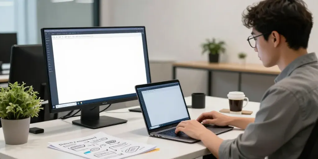 AI content writing setup featuring a writer and advanced tools in a modern workspace.