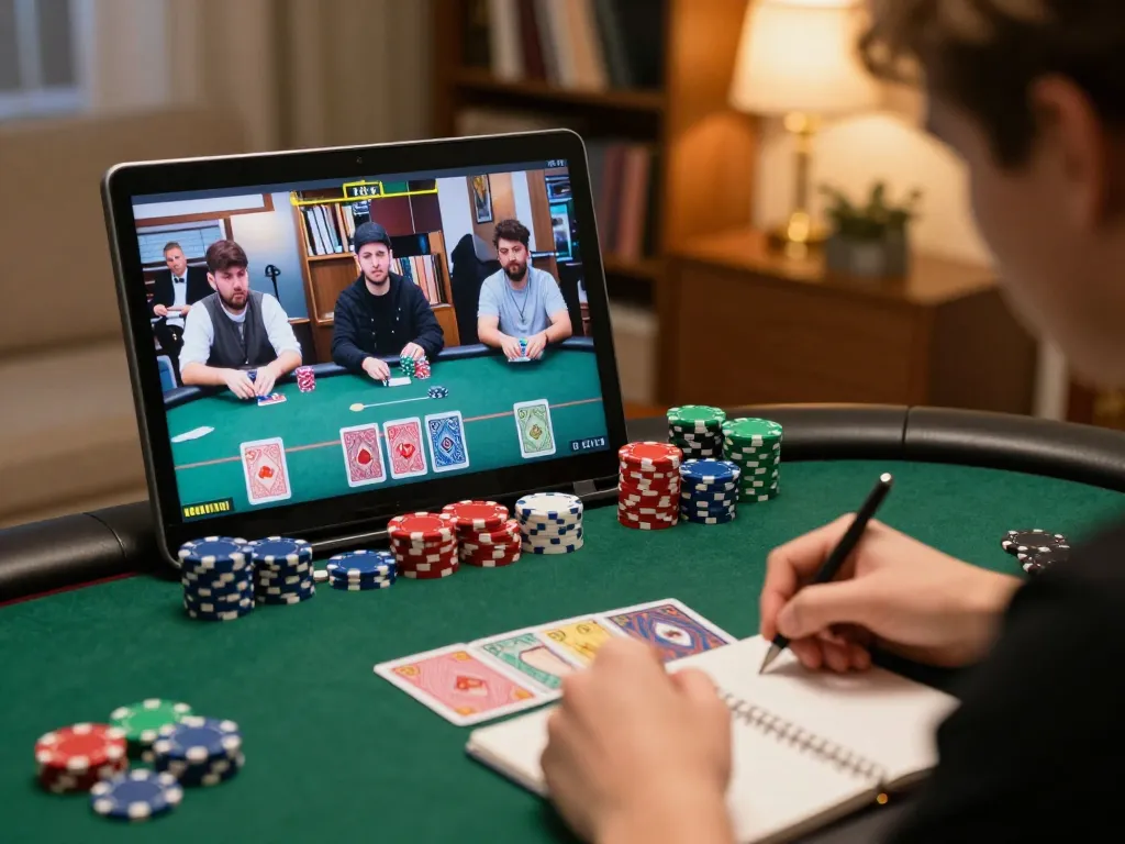 RR88 SELECT poker gameplay at home, showcasing strategy notes and intense focus