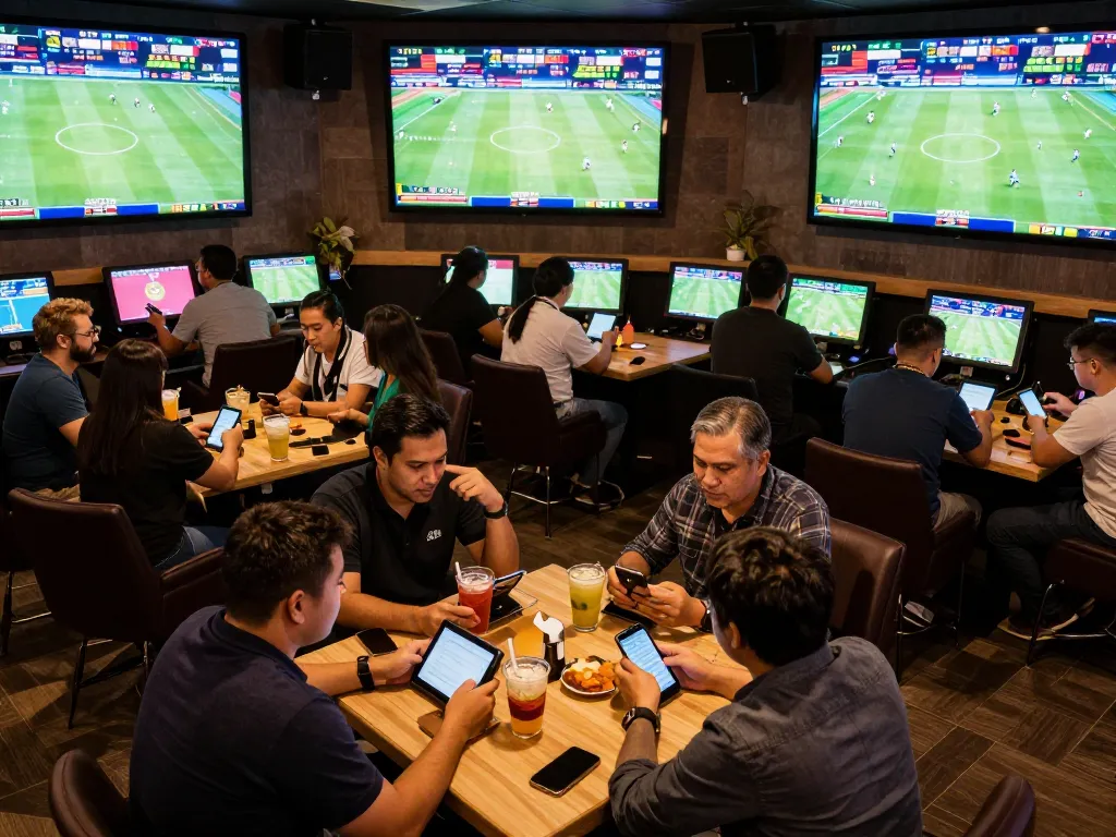 Engaged bettors analyzing odds in the lively sports betting lounge at Trang Chủ FB88.
