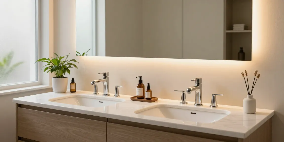 Modern bathroom vanity design featuring a double sink with stylish fixtures and minimalist decor.