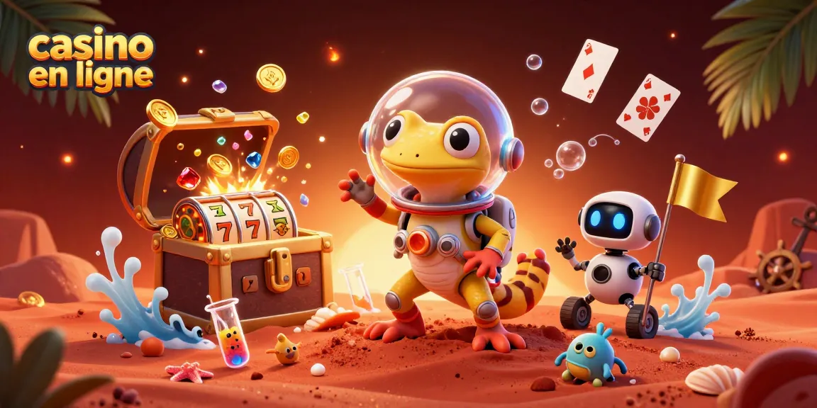 Les aliens célèbrent un jackpot au casino en ligne avec un gecko martien et un robot.