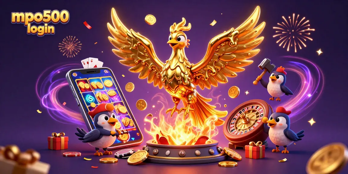 Experience mpo500 login with a vibrant casino atmosphere featuring a golden phoenix and slot games bursting with excitement.