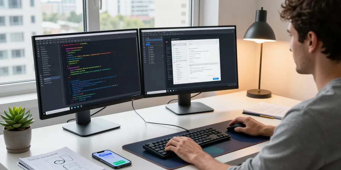 Build Android apps from scratch in a vibrant coding workspace with dual monitors and Kotlin displayed, showcasing immersive development.