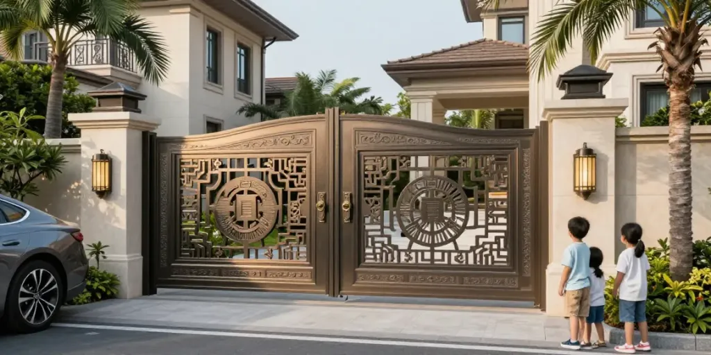 Custom villa gates featuring elegant cast aluminum design enhancing luxury villa entrance.