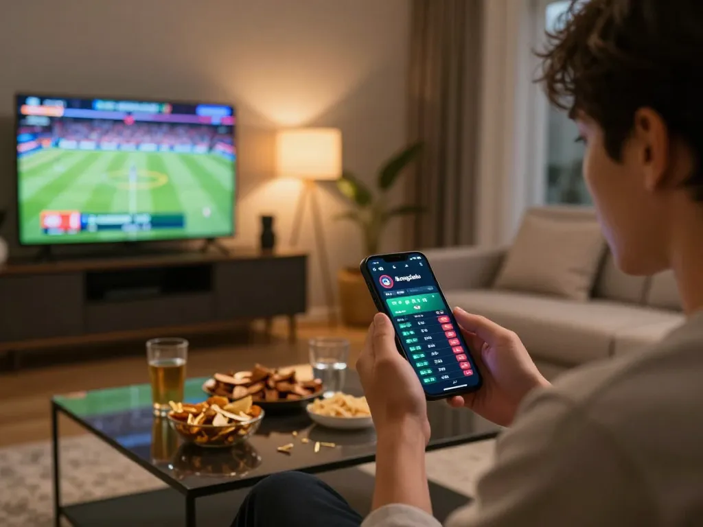Person engaged in live sports betting with Bongdalu on smartphone amid a warm, inviting home setting.