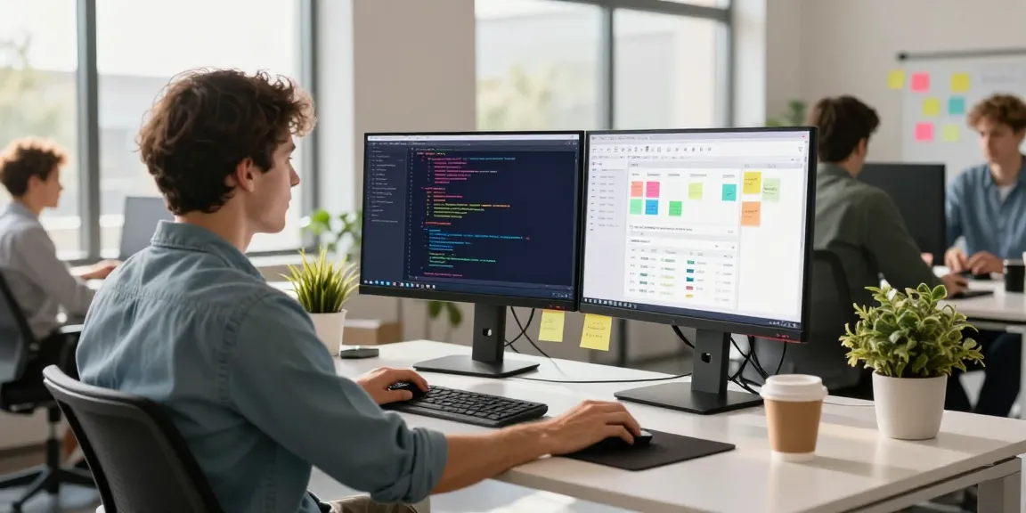Engaging tech workspace showcasing developer productivity at telegraimin.com with dual monitors, coffee, and modern office aesthetics.