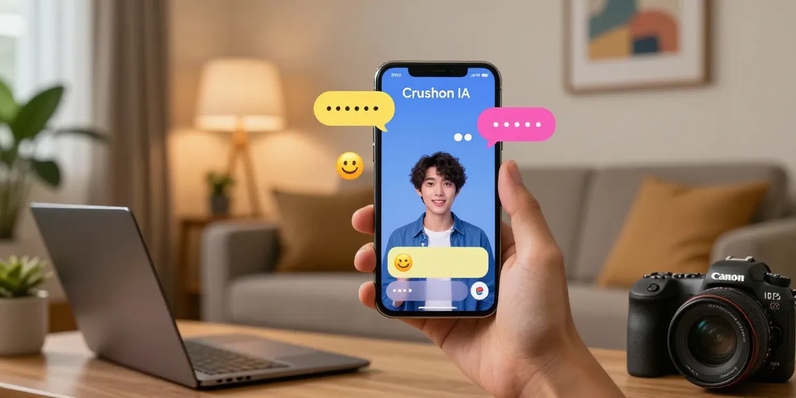 Engaging chat with Crushon IA virtual character on sleek smartphone, showcasing lively interaction.