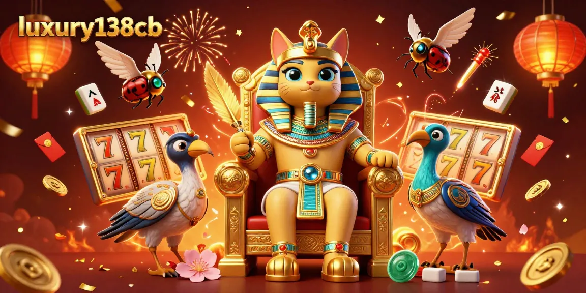 Experience luxury138cb with thrilling slot reels and a royal cat in this vibrant casino scene.