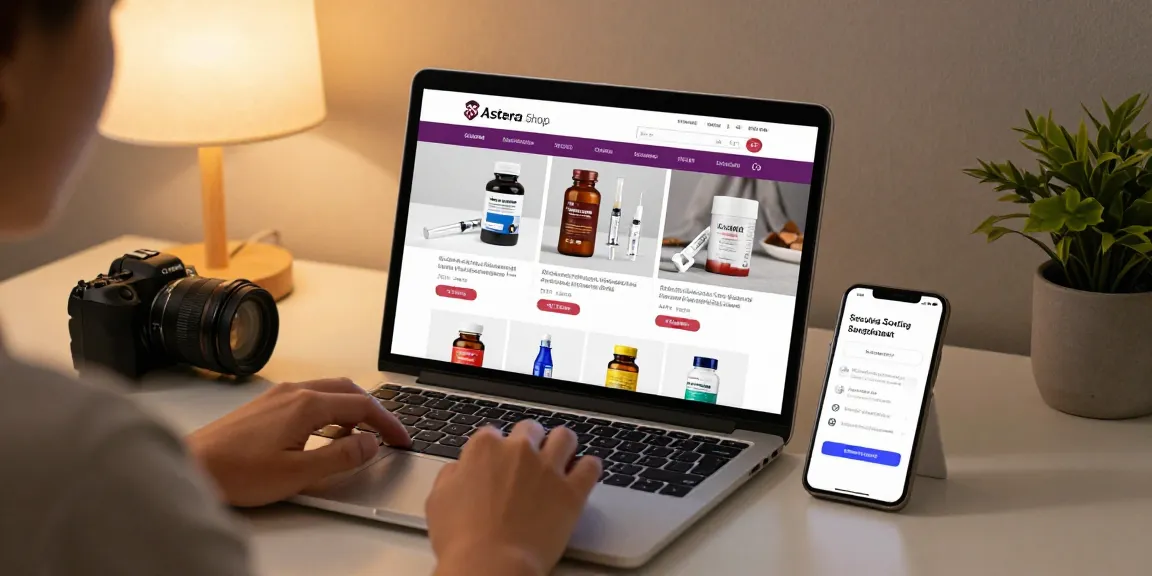 Astera Shop showcasing 70+ steroid products with discounts on a laptop.