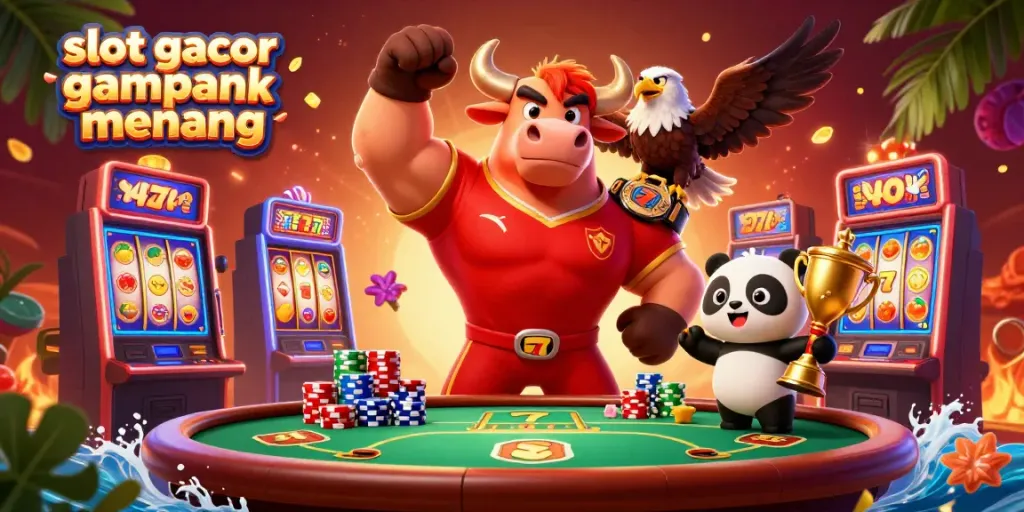 Spin and win at slot gacor gampang menang with a vibrant scene featuring mascot characters and dynamic slot machines.