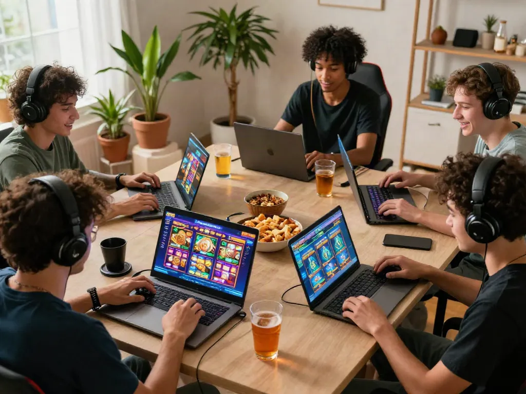 Players enjoying online slot games with laptops and snacks in a cozy home gaming setup.