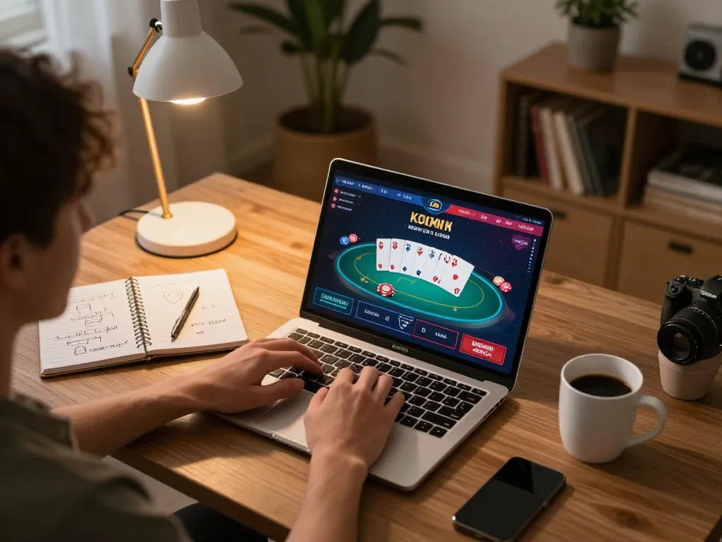 Engaging home gaming scene featuring online poker on laptop screen with lu88 interface and strategic betting notes.