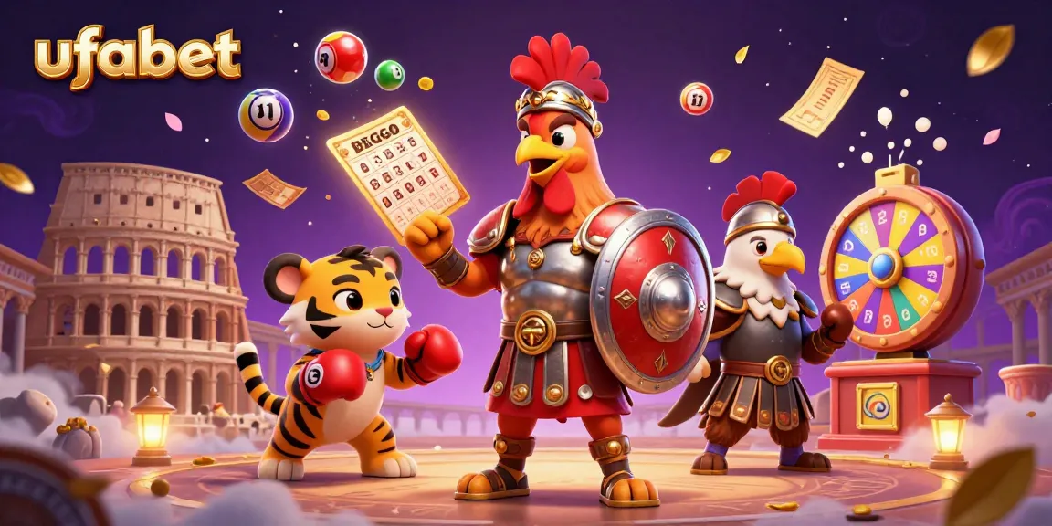 Experience thrilling gameplay with ufabet as a gladiator rooster battles in a vibrant, dynamic casino scene.