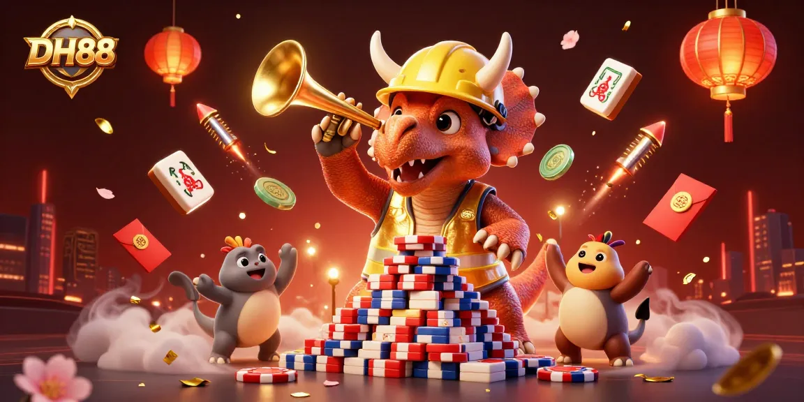 DH88 brings excitement with a 3D triceratops building poker chip towers in a vibrant casino celebration