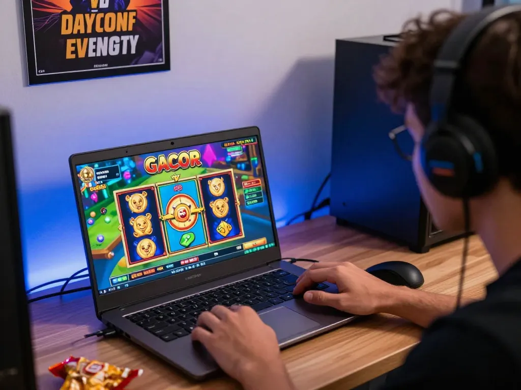 Player enjoying a slot gacor game on a laptop, showcasing an engaging online gaming experience.