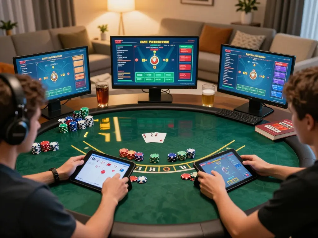 Play online blackjack with MM88 in a cozy home gaming setup, featuring players and strategic gameplay.