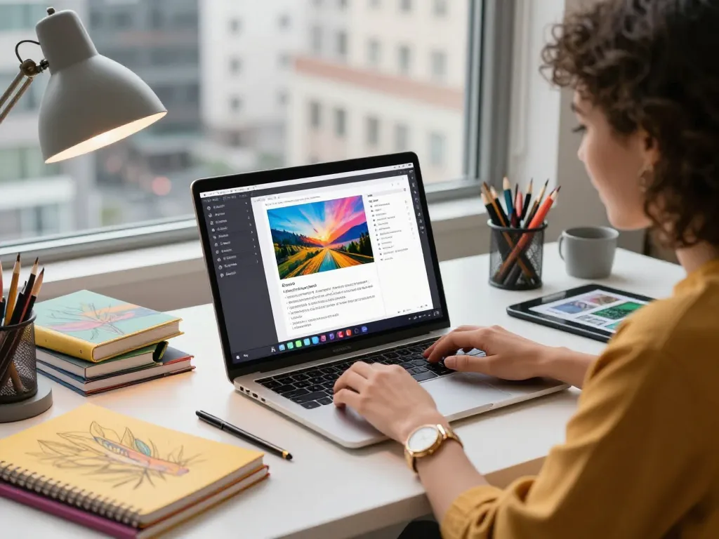 Designer using image to prompt ai tool in a vibrant workspace, generating AI text prompts from images.