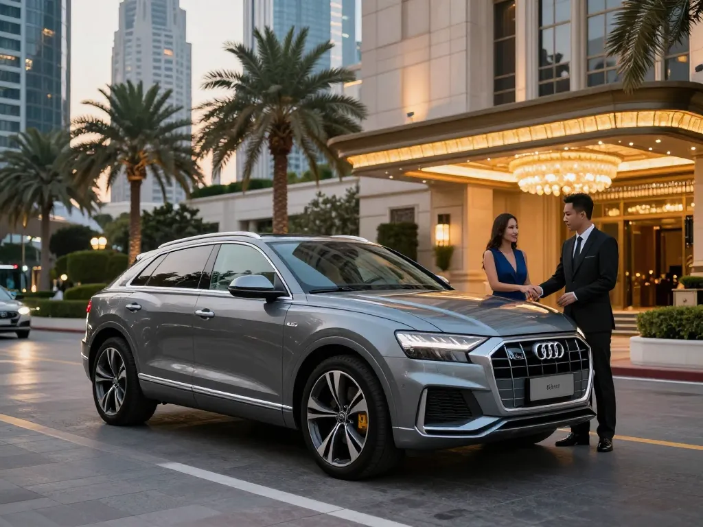 Trải nghiệm cho thuê xe ô tô hạng sang với cho thuê xe ô tô hạng sang bao gồm Audi Q8 và tài xế chuyên nghiệp tại một khách sạn cao cấp.