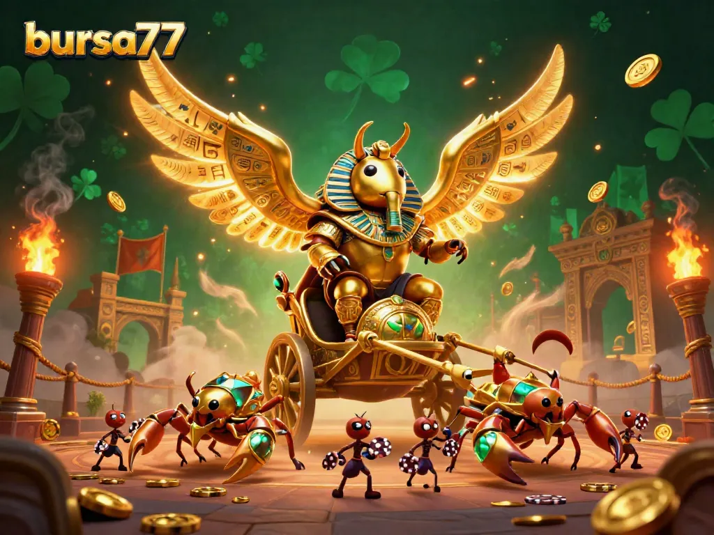 Bursa777 menghadirkan ilustrasi 3D penuh warna dengan scarab emas besar dan karakter kasino lainnya.