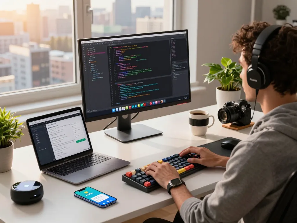 A developer using moltbot in a modern workspace with code and tech gadgets.