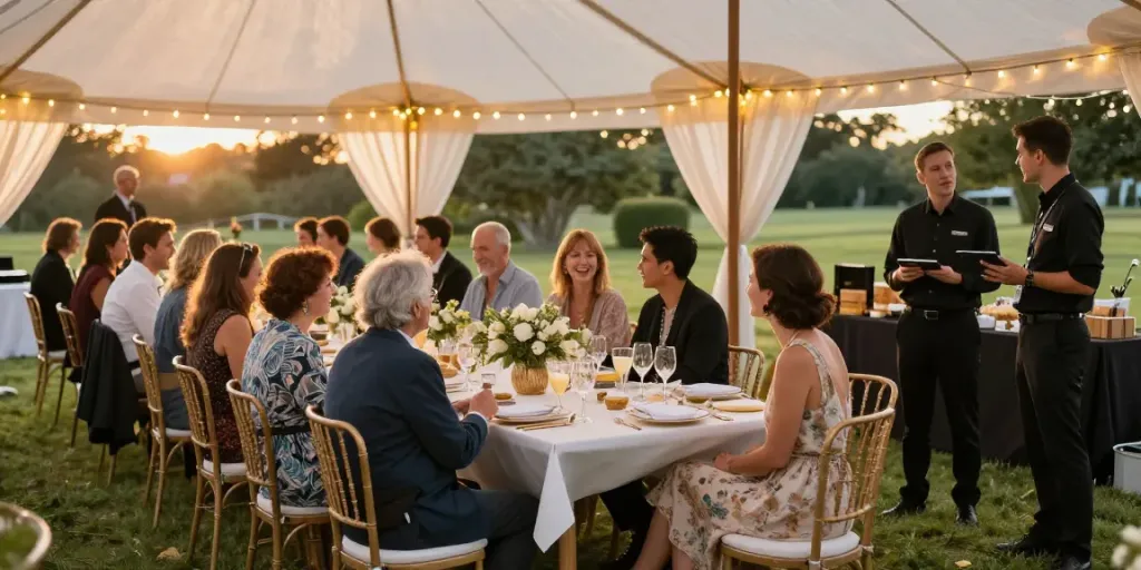 Event furniture rental setup with elegant tables, chairs, and guests enjoying a sophisticated outdoor gathering.