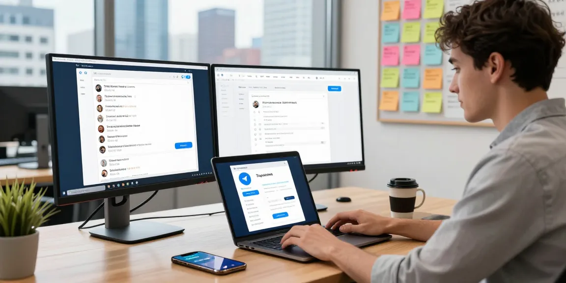 Young professional using Telegram Web Version at modern co-working space with vibrant city view.