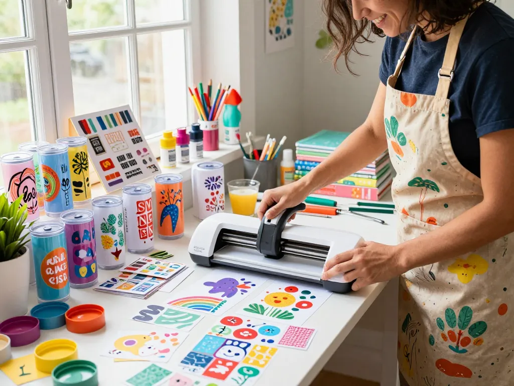 Crafter joyfully working with svg bundle in a colorful home workshop filled with designs and crafting materials.