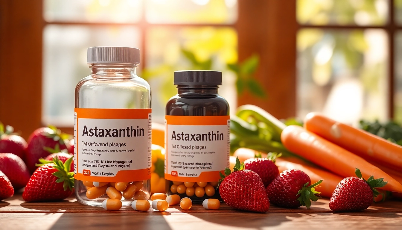 Showcasing a clean astaxanthin supplement bottle surrounded by colorful fruits, emphasizing health benefits.