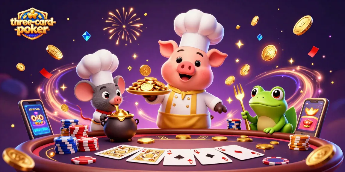 Engage in thrilling three-card-poker with stacks of colorful chips and golden coins cascading around