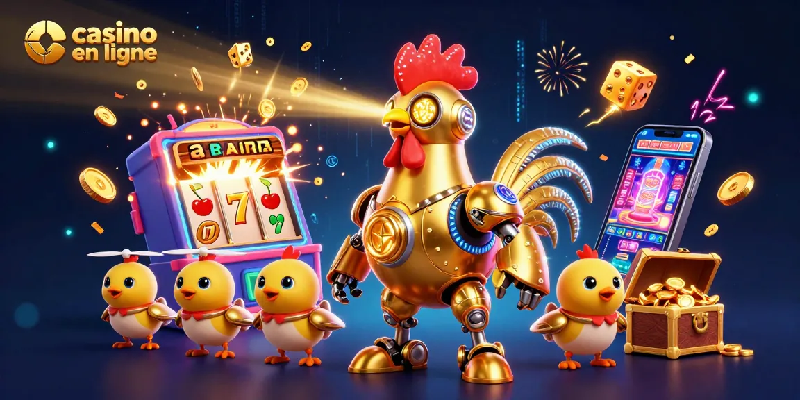 Casino en ligne : Illustration d'un robot coq doré et des drones jouant dans une scène de jackpot