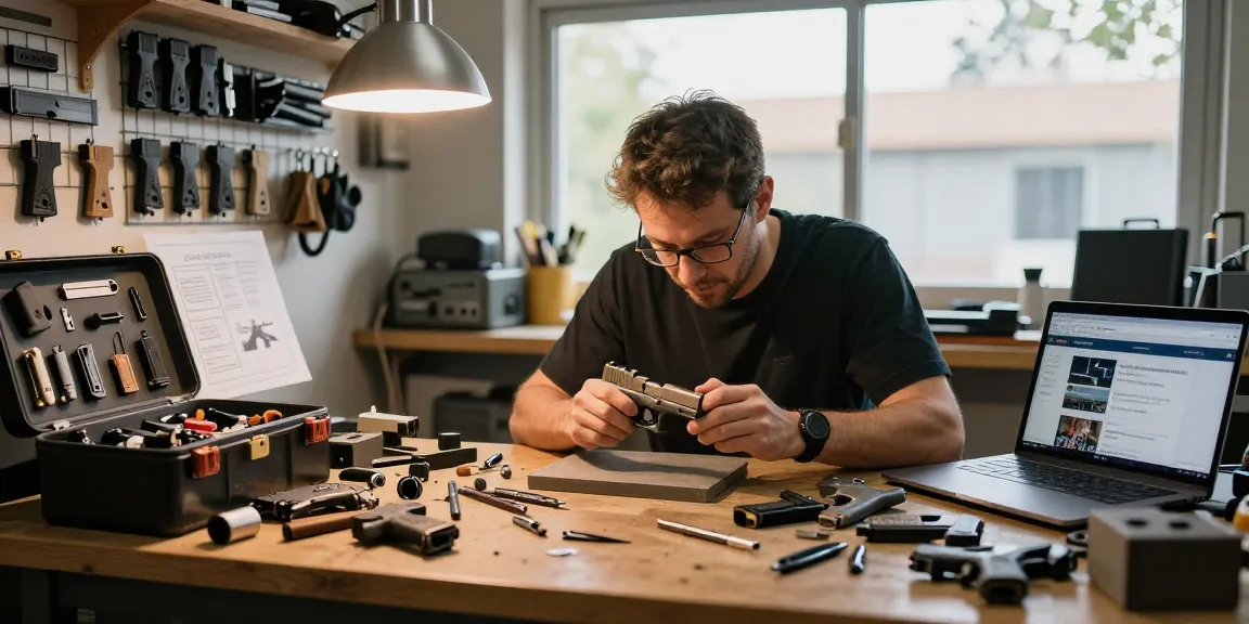 Expert gunsmith at https://precisionglockslides.com assembling a customized Glock with precision tools and aftermarket slides in a workshop.