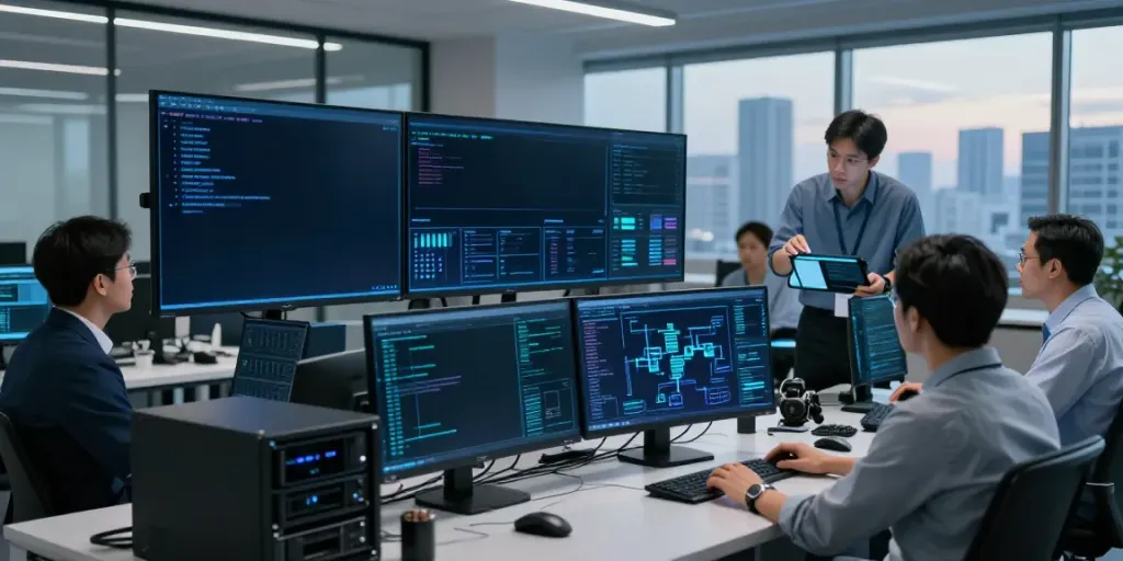 Healthcare cybersecurity professionals monitoring threats in a modern operations center.