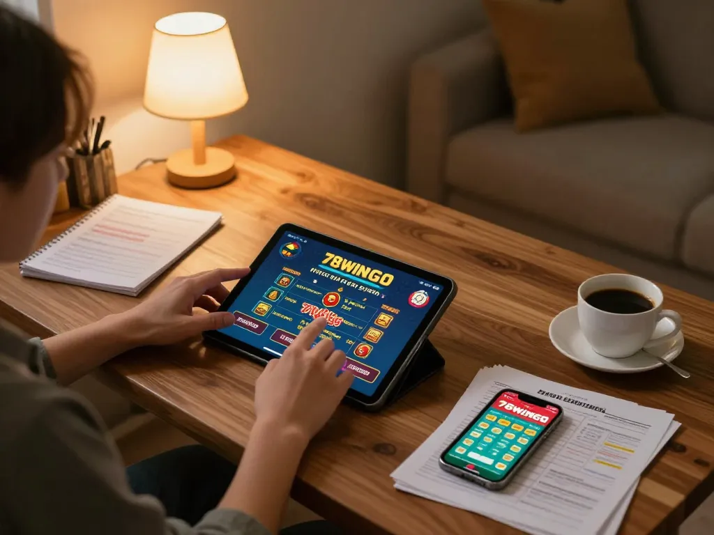 Engaging in online gaming with the 78wingo casino app on tablet, cozy home setup.