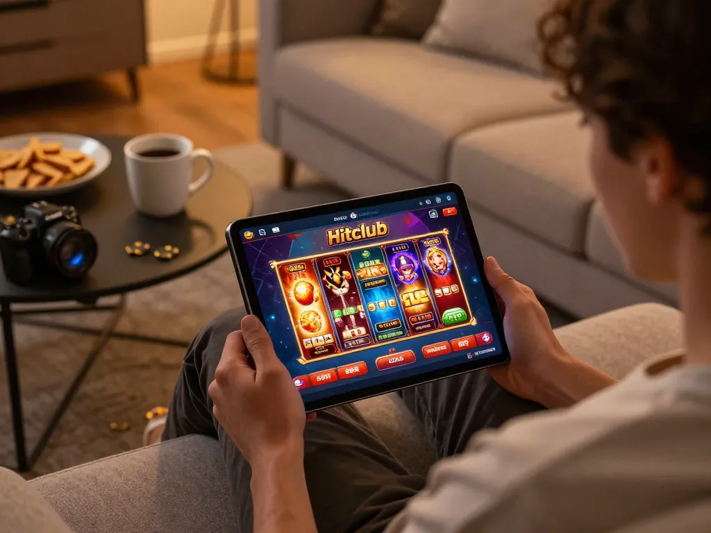 Engaged player exploring Hitclub's online casino app on tablet in cozy living room setting.
