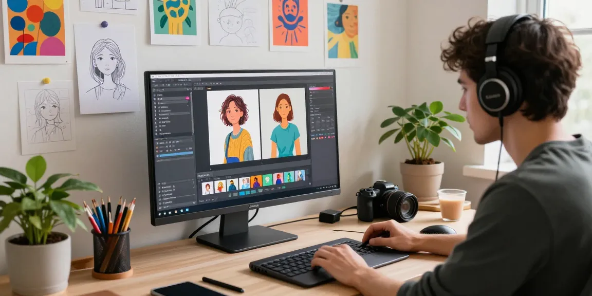 Digital artist using Nano Banana 2 AI image editor in a vibrant creative workspace.